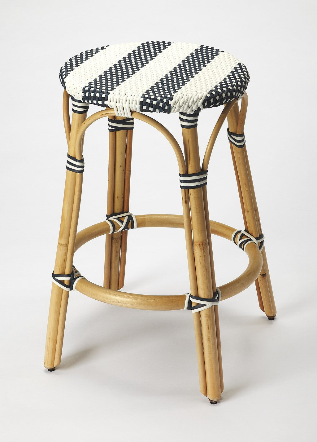HomeRoots 24" Rattan Backless Counter Height Bar Chair With Footrest in Blue and Natural Finish