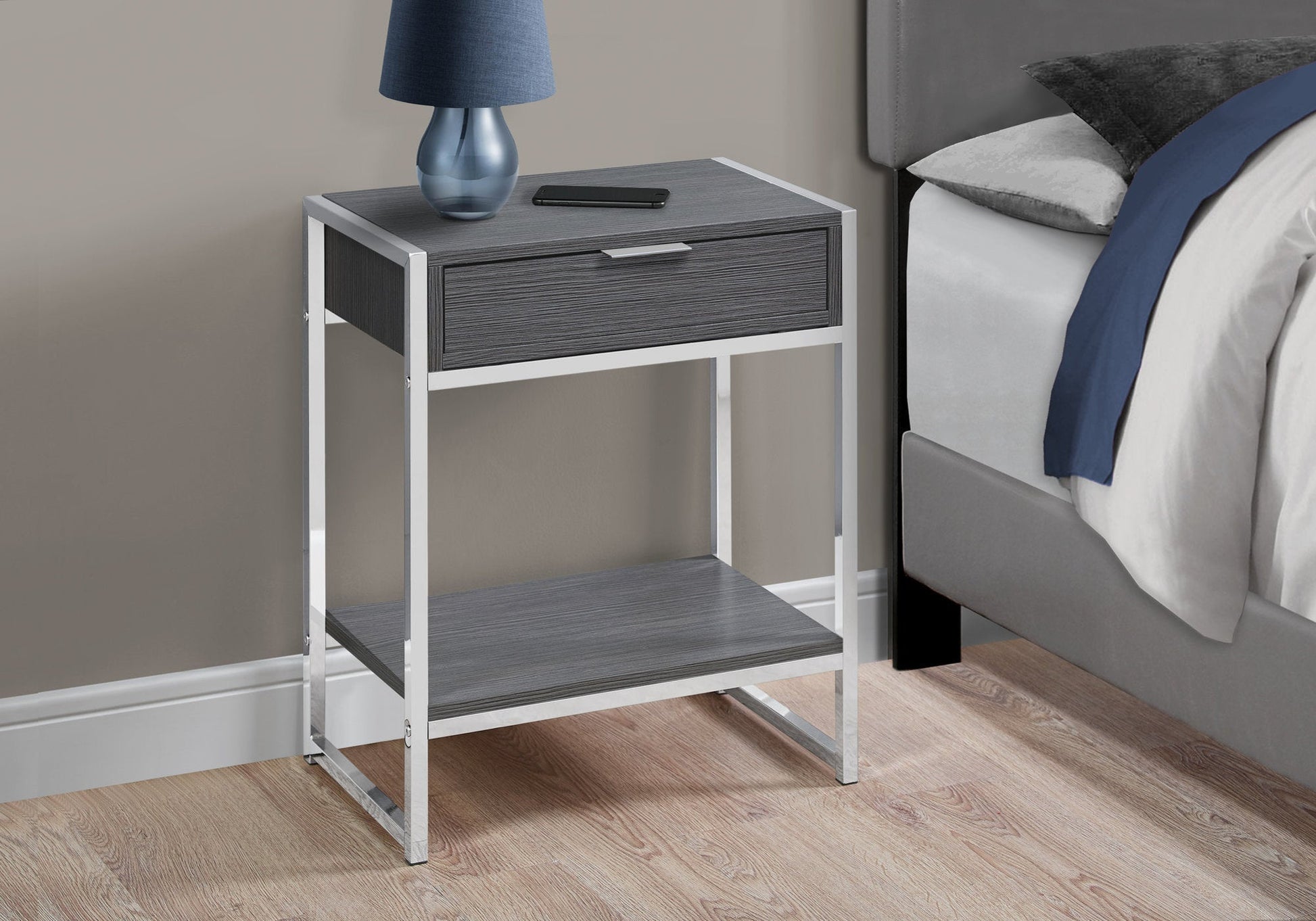 HomeRoots 24" Silver And Grey Manufactured Wood Rectangular End Table With Drawer And Shelf