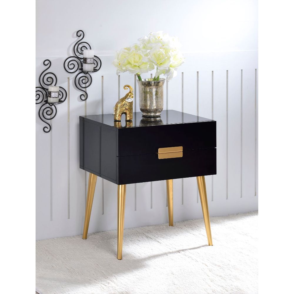 HomeRoots 24" Sleek Black And Gold Two Drawer End Table