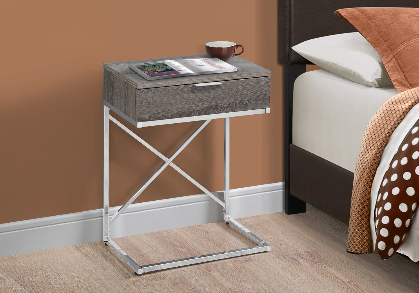 HomeRoots 24" Solid And Manufactured Wood End Table With Drawer in Silver and Taupe Finish