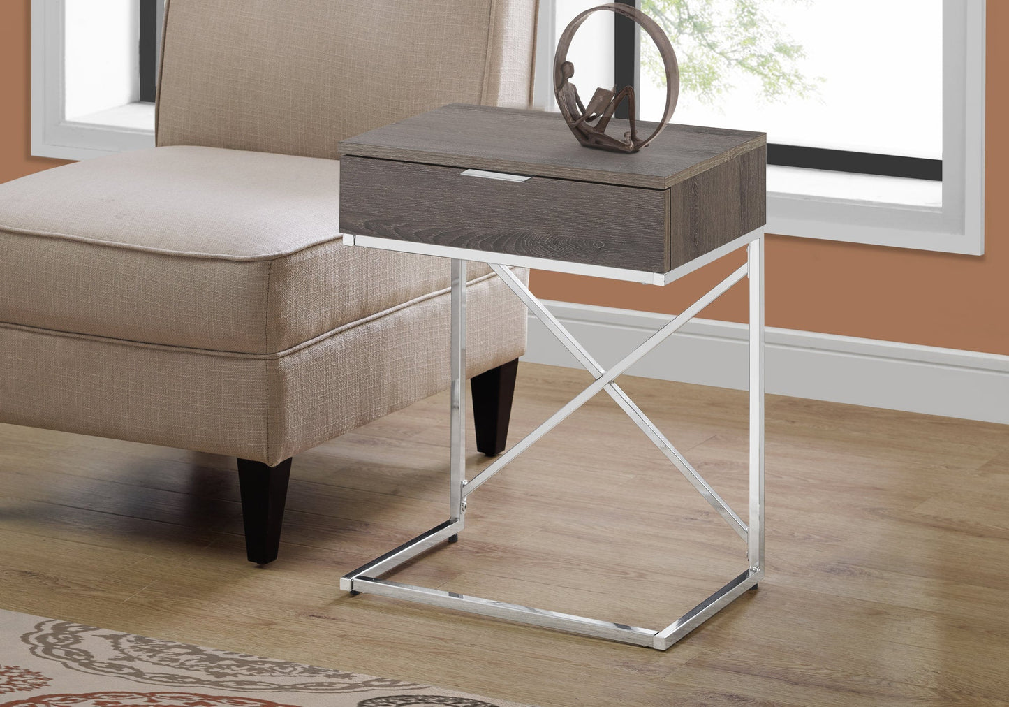 HomeRoots 24" Solid And Manufactured Wood End Table With Drawer in Silver and Taupe Finish