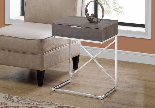 HomeRoots 24" Solid And Manufactured Wood End Table With Drawer in Silver and Taupe Finish