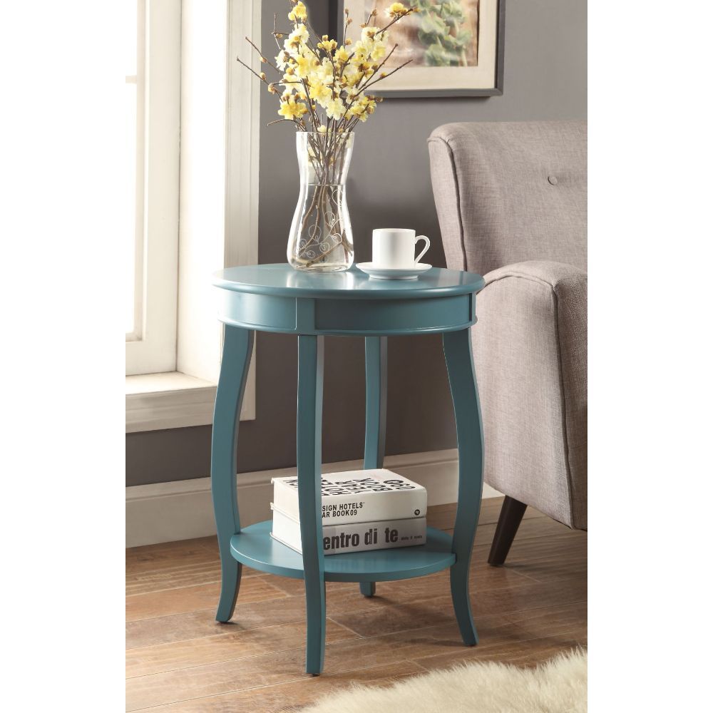 HomeRoots 24" Solid Wood Round End Table With Shelf in Teal Blue Finish
