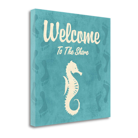 HomeRoots 24" Teal Shore Signboard with Seahorse Giclee Wrap Canvas Wall Art