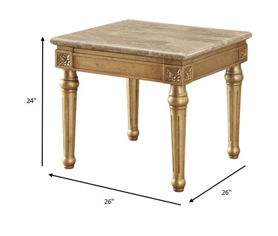 HomeRoots 24" White Faux Marble Mirrored End Table With Antique Gold Finish
