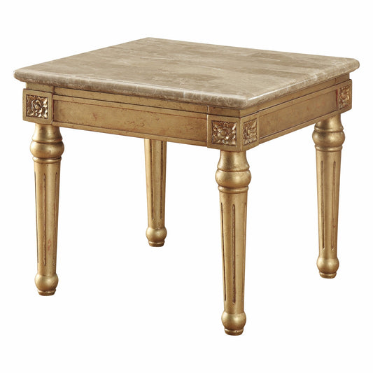 HomeRoots 24" White Faux Marble Mirrored End Table With Antique Gold Finish