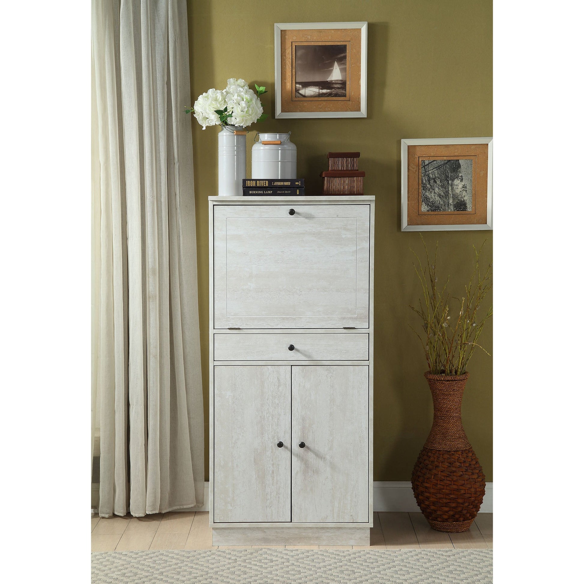 HomeRoots 24" x 20" x 52" MDF Wine Cabinet In Antique White Finish