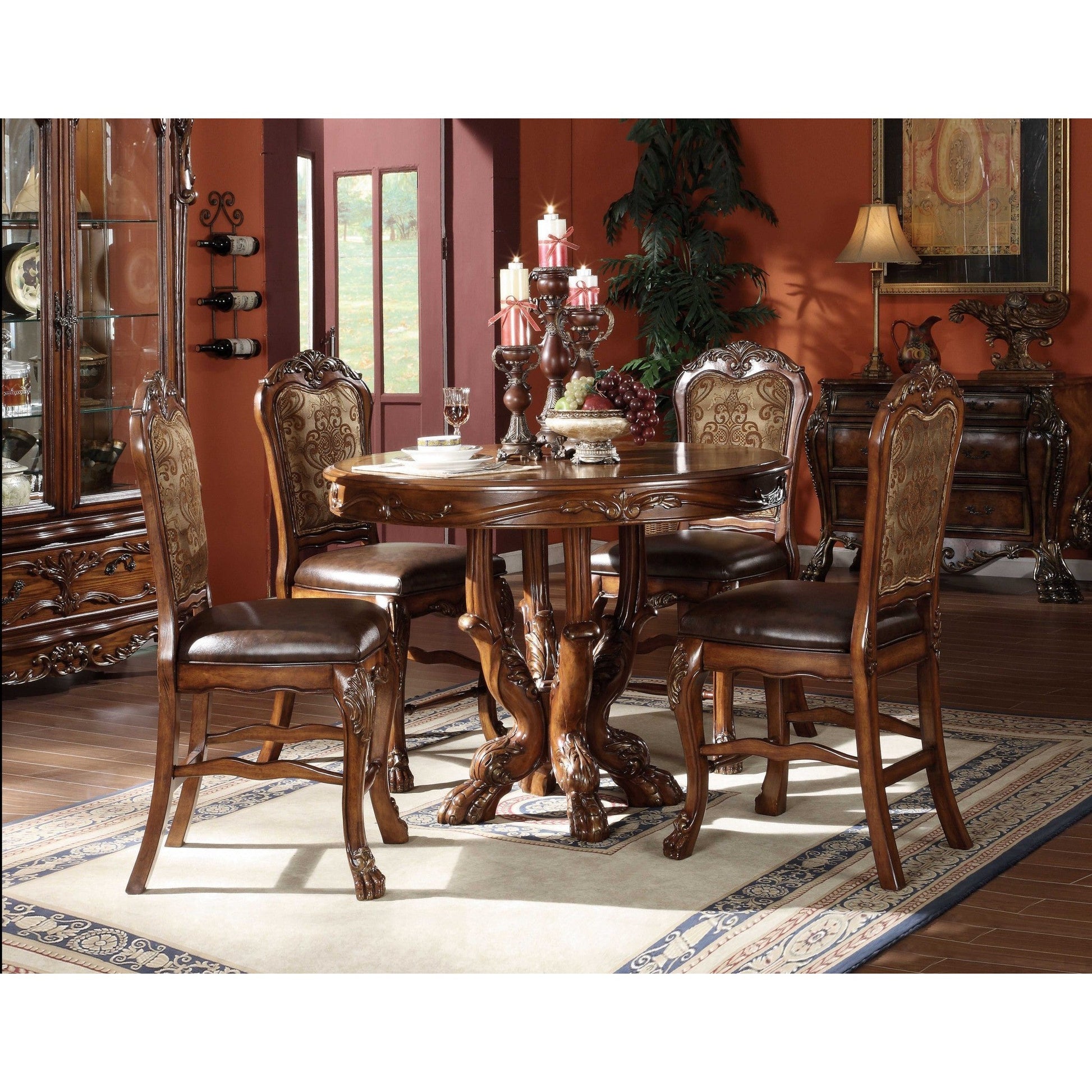 HomeRoots 24" x 21" x 48" Pu Cherry Oak Wood Poly Resin Upholstery Counter Height Chair in Set of Two