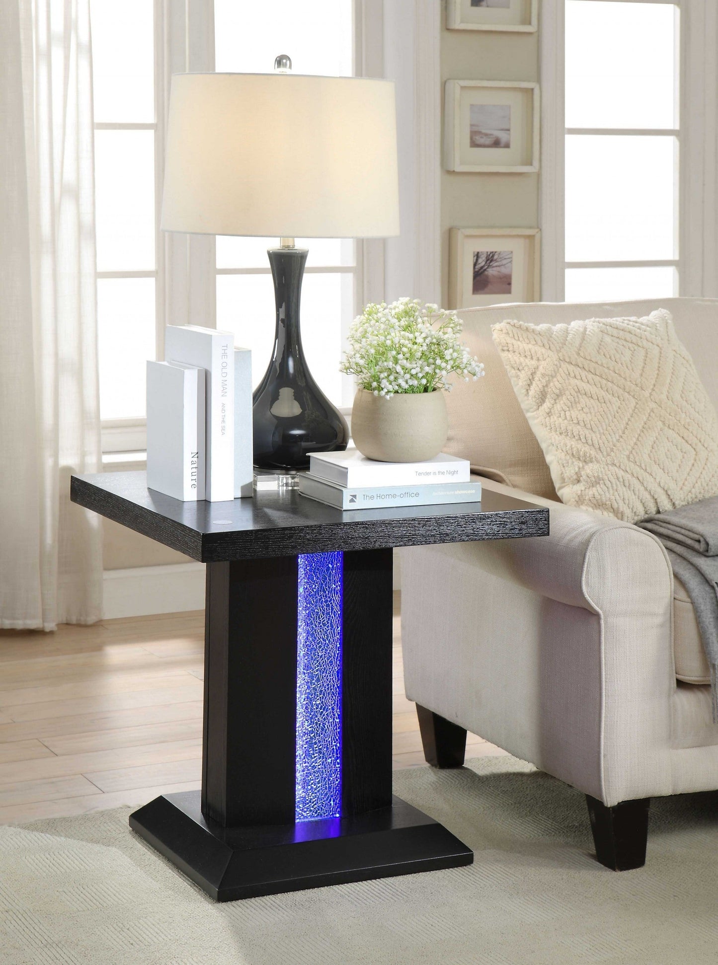 HomeRoots 24" x 24" x 24" Black LED Wood And Glass End Table