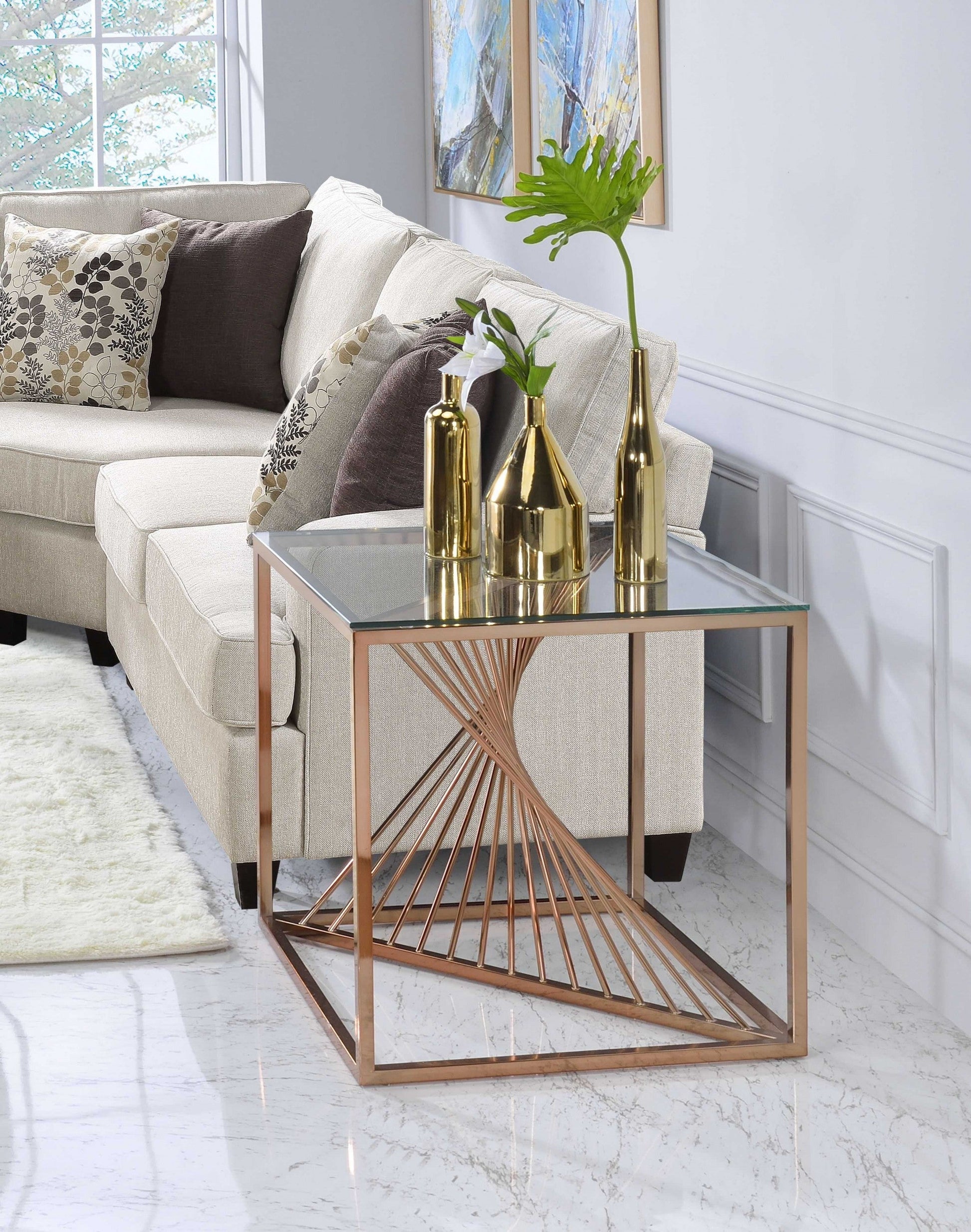 HomeRoots 24" x 24" x 24" Brushed Copper And Clear Glass End Table