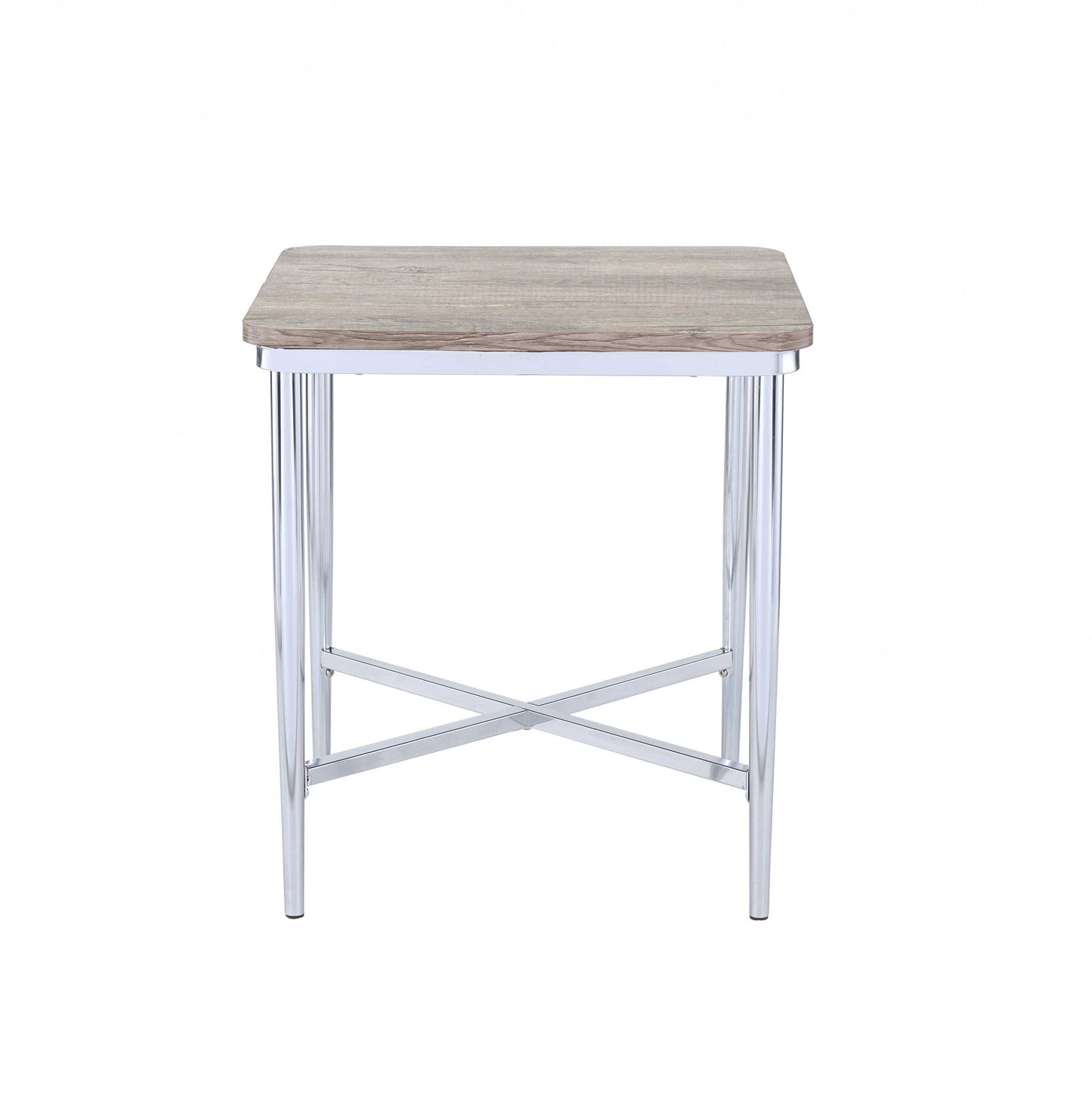 HomeRoots 24" x 24" x 24" Gray Oak And Chrome Metal Tube End Table