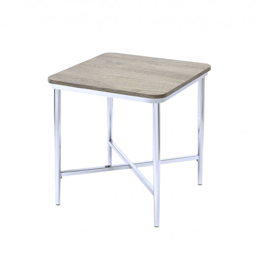 HomeRoots 24" x 24" x 24" Gray Oak And Chrome Metal Tube End Table