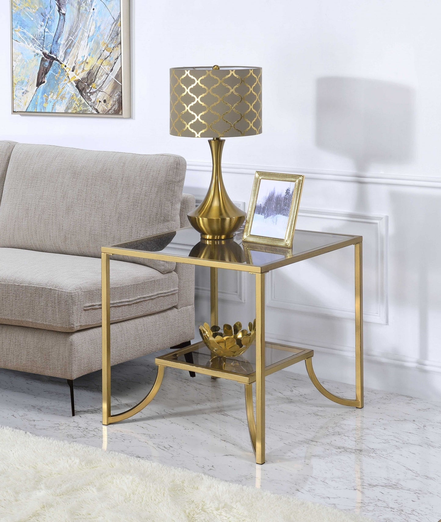 HomeRoots 24" x 24" x 24" Smoky Glass And Metal End Table in Antique Gold Finish