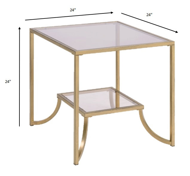 HomeRoots 24" x 24" x 24" Smoky Glass And Metal End Table in Antique Gold Finish