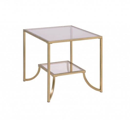 HomeRoots 24" x 24" x 24" Smoky Glass And Metal End Table in Antique Gold Finish