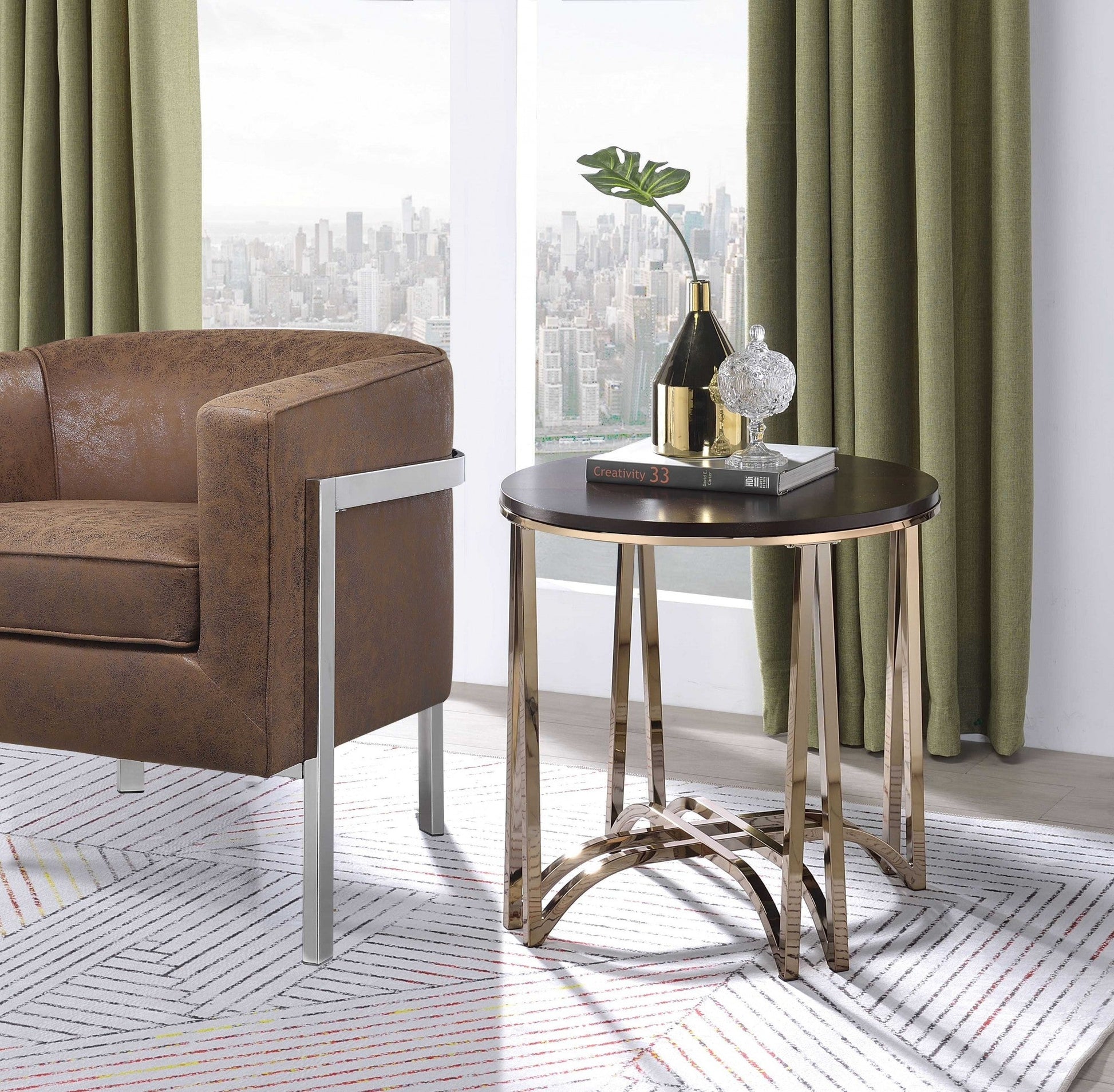 HomeRoots 24" x 24" x 24" Walnut And Champagne Metal End Table