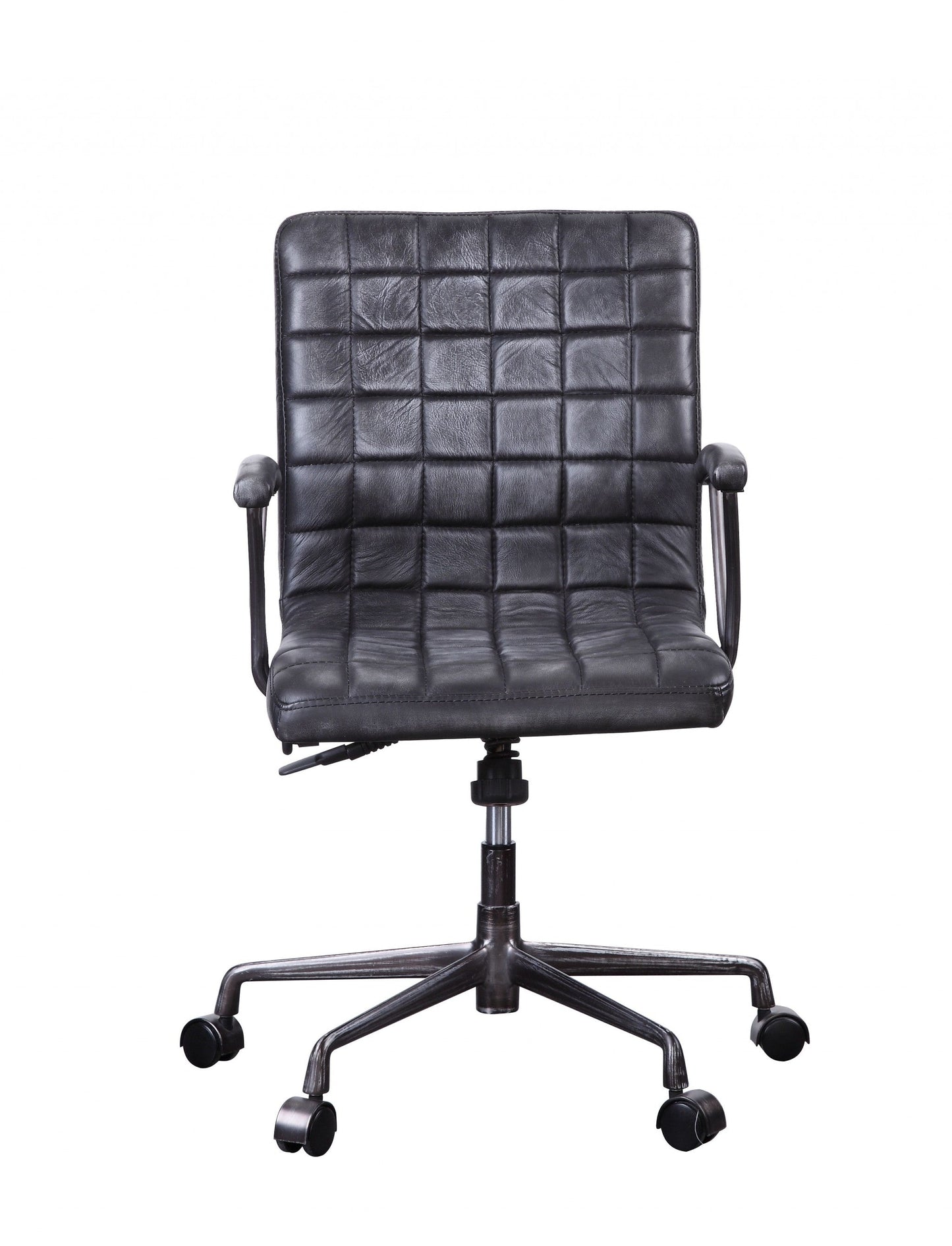 HomeRoots 24" x 25" x 36" Vintage Black Top Grain Leather Aluminum Metal Upholstered (Seat) Casters Engineered Wood Executive Office Chair