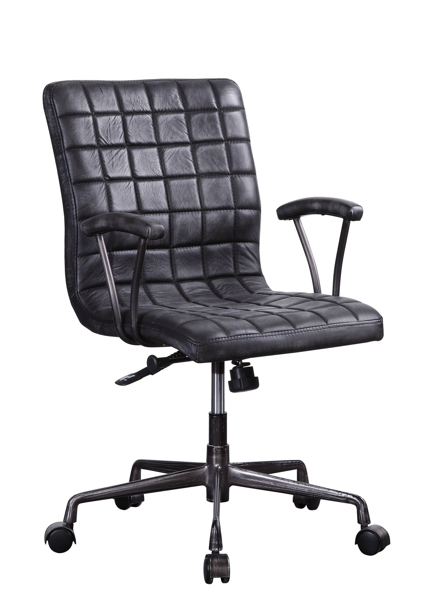 HomeRoots 24" x 25" x 36" Vintage Black Top Grain Leather Aluminum Metal Upholstered (Seat) Casters Engineered Wood Executive Office Chair