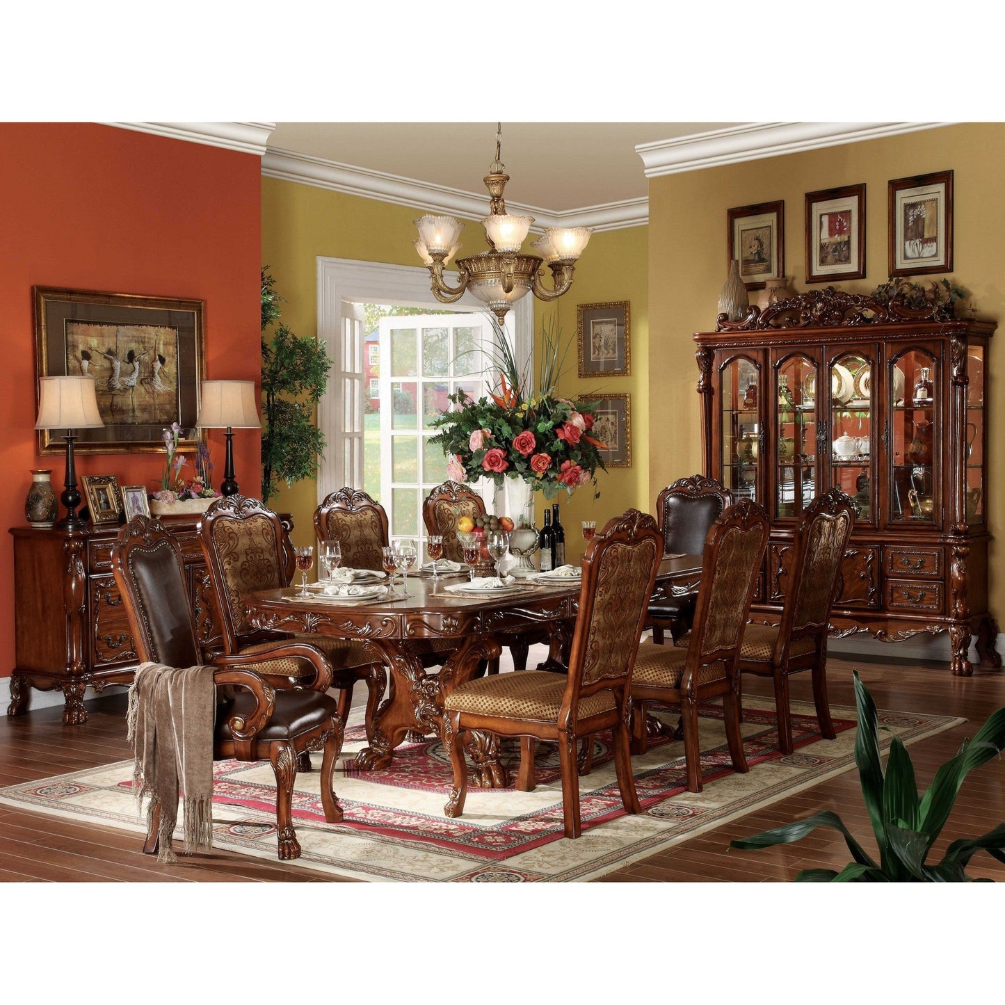HomeRoots 24" x 25" x 46" Faux Leather Upholstery And Cherry Oak Wood Finish Arm Chair in Set of Two