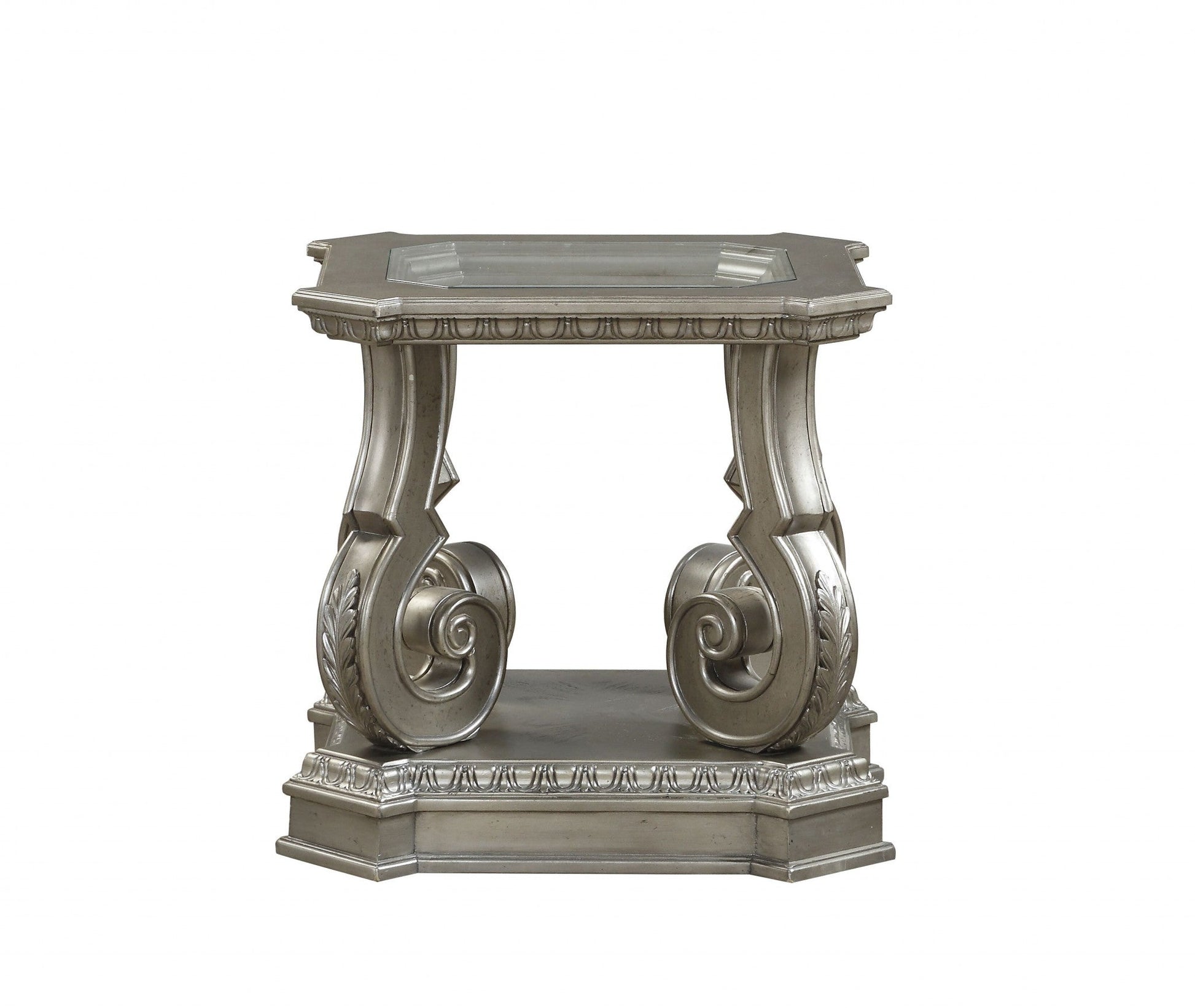 HomeRoots 24" x 26" x 25" Clear Glass Wood Poly-Resin End Table in Antique Champagne Finish