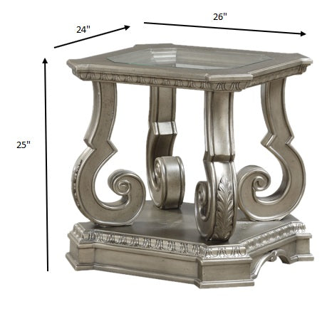 HomeRoots 24" x 26" x 25" Clear Glass Wood Poly-Resin End Table in Antique Champagne Finish