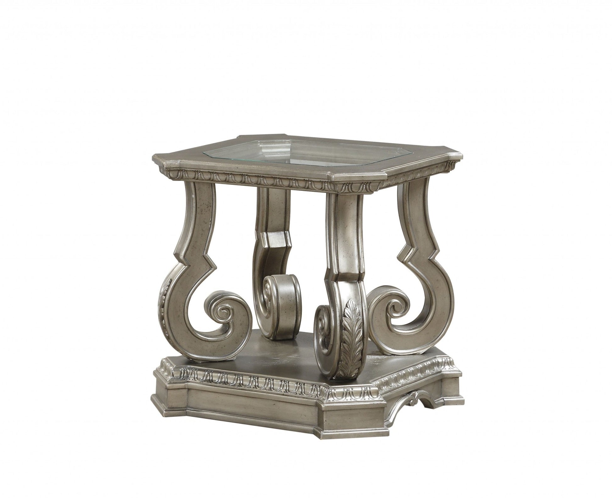 HomeRoots 24" x 26" x 25" Clear Glass Wood Poly-Resin End Table in Antique Champagne Finish