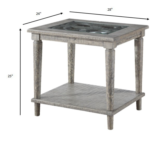 HomeRoots 24" x 28" x 25" Salvaged Glass End Table With Natural Wood Finish