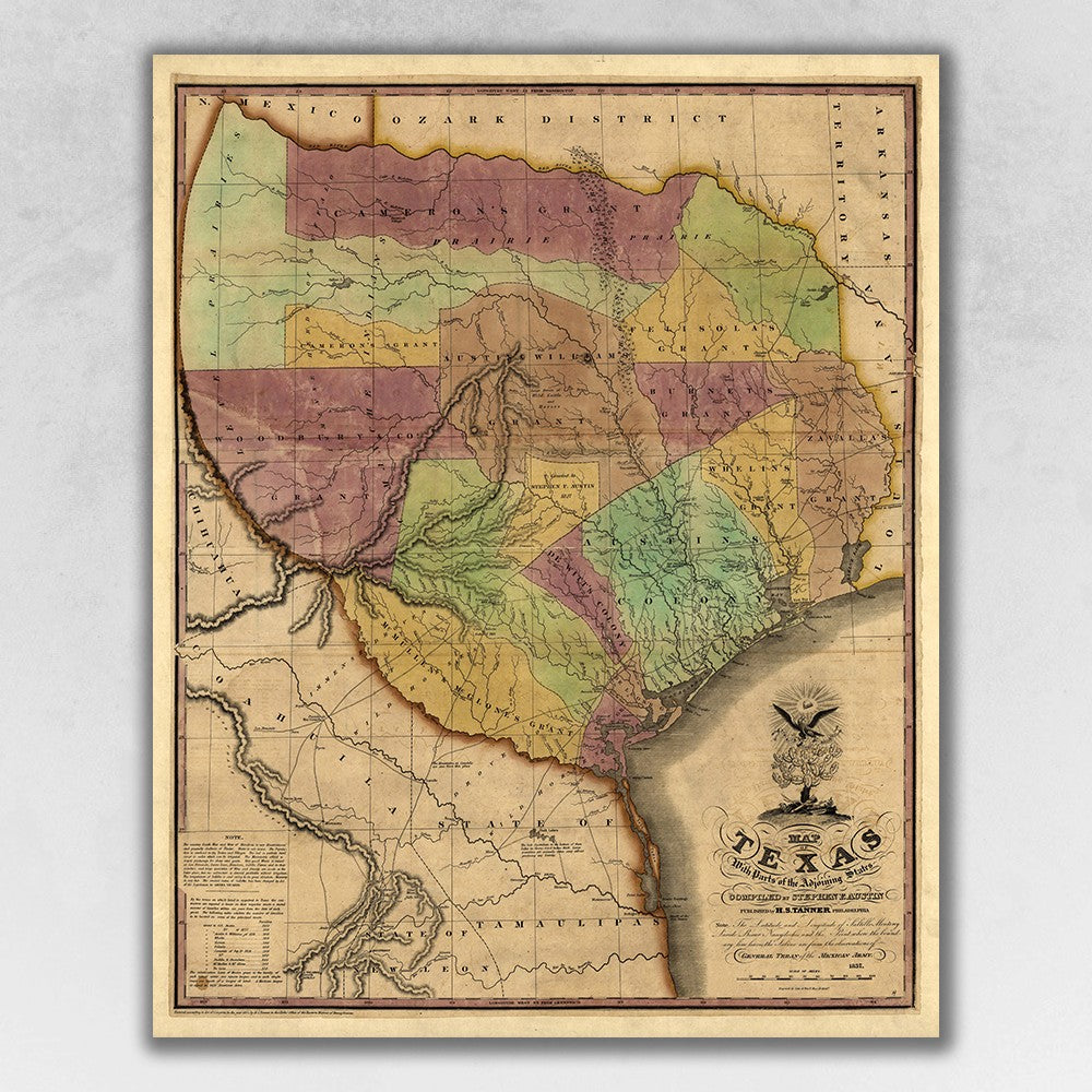 HomeRoots 24" x 30" Texas and Surroundings c1837 Vintage Map Poster Wall Art