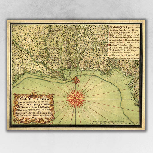 HomeRoots 24" x 30" c1747 Map of the Gulf Coast Vintage Poster Wall Art