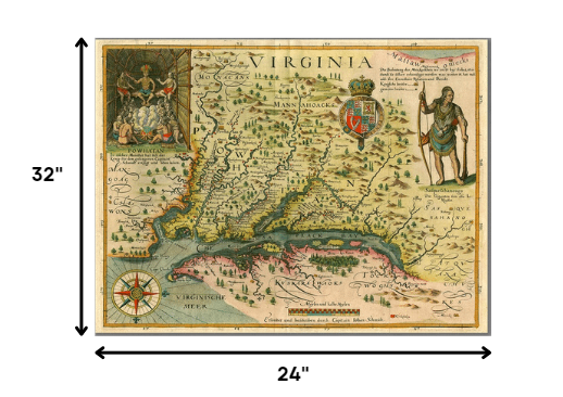 HomeRoots 24" x 32" Map of Virginia c1627 Vintage Poster Wall Art