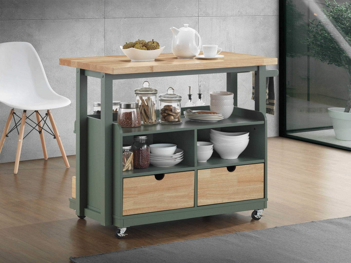 HomeRoots 24" x 43" x 35" Wood Casters Kitchen Cart in Natural & Green Finish