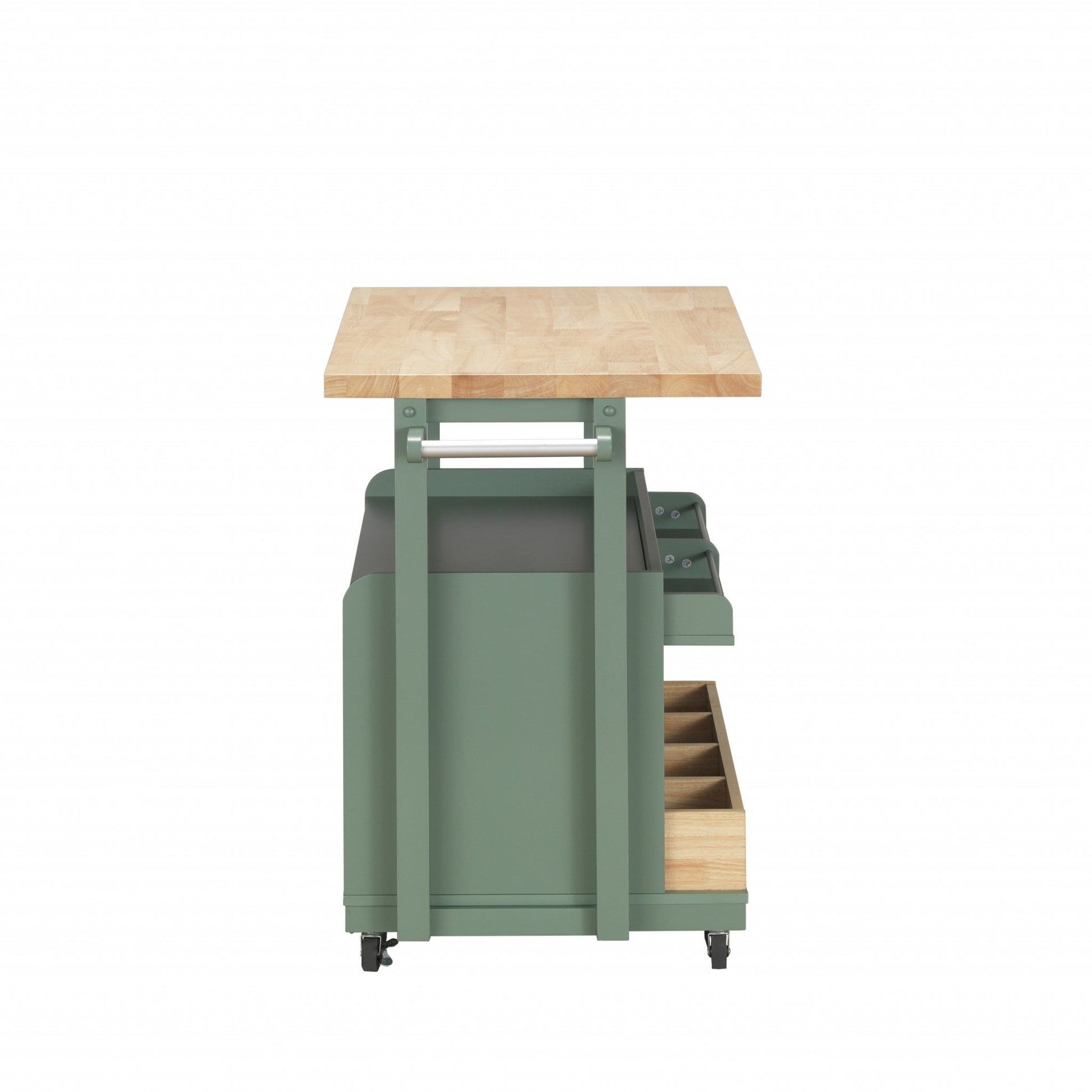 HomeRoots 24" x 43" x 35" Wood Casters Kitchen Cart in Natural & Green Finish