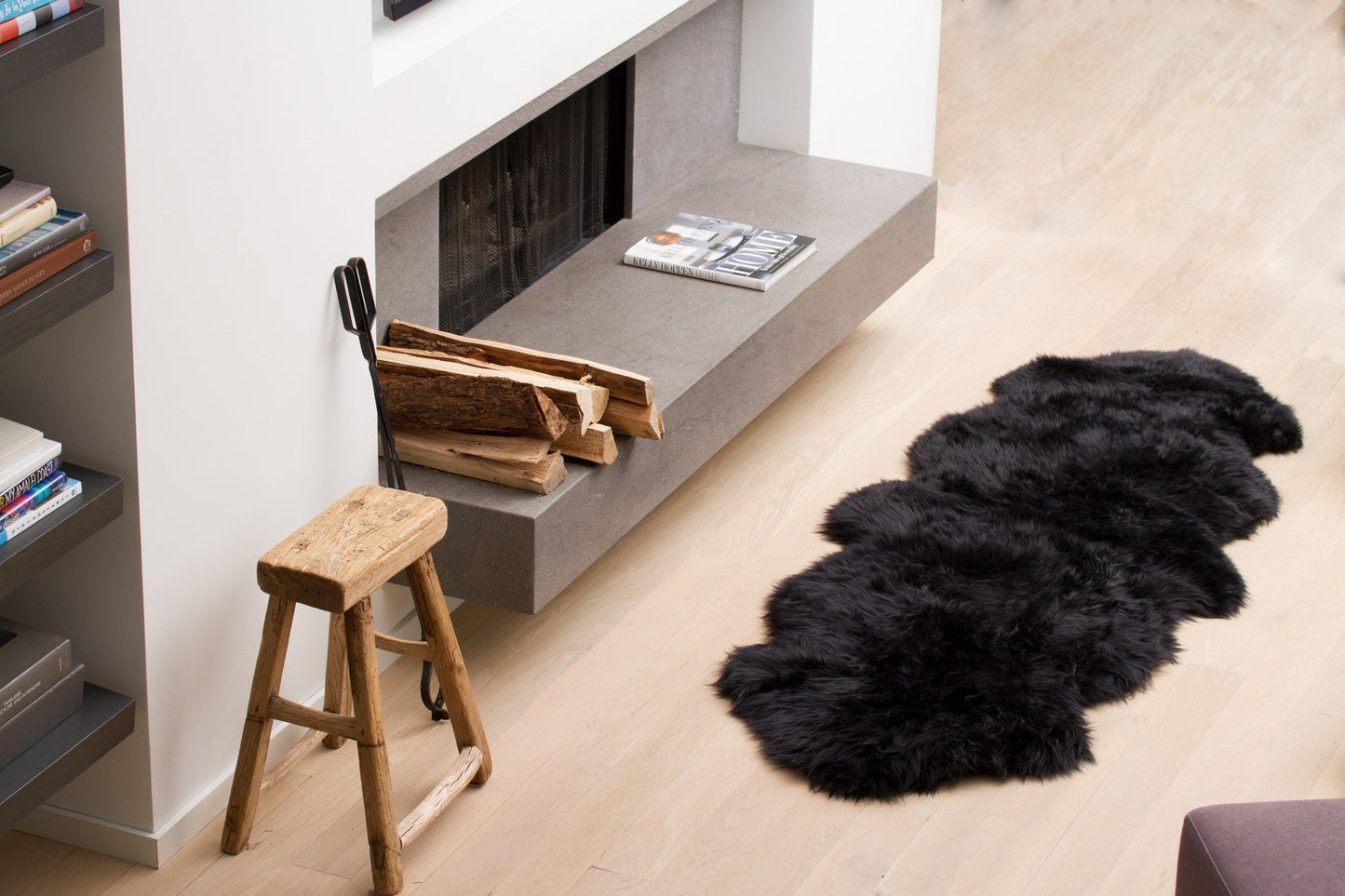 HomeRoots 24" x 72" x 2" Double Sheepskin Area Rug in Black Finish