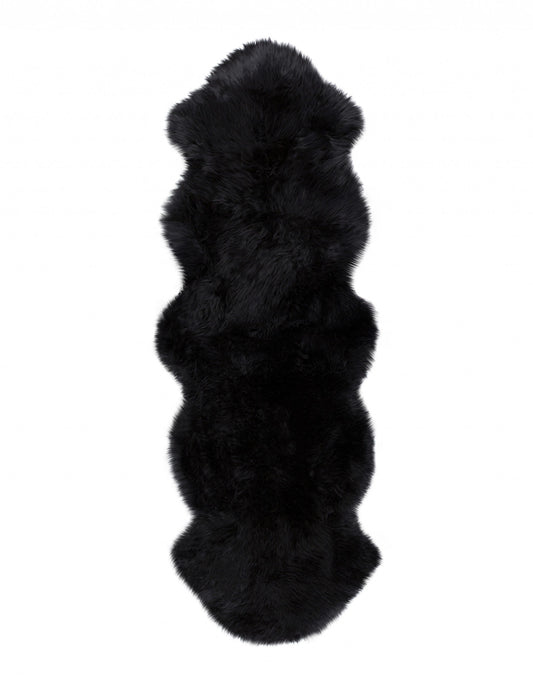 HomeRoots 24" x 72" x 2" Double Sheepskin Area Rug in Black Finish