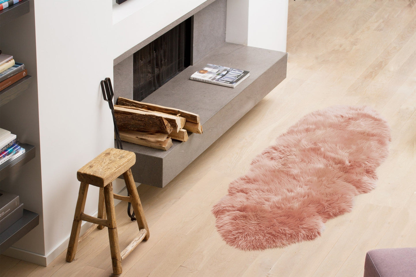 HomeRoots 24" x 72" x 2" Double Sheepskin Area Rug in Pink Finish