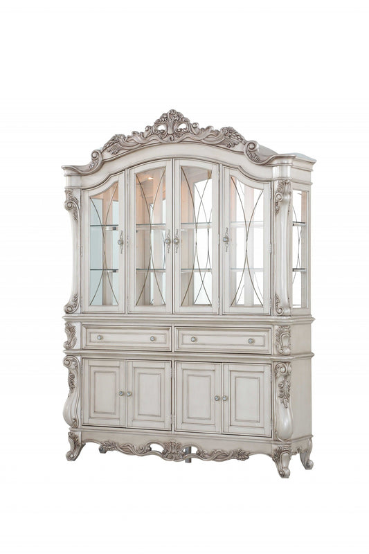 HomeRoots 24" x 75" x 106" Wood And Glass Mirror Hutch Buffet in Antique White Finish