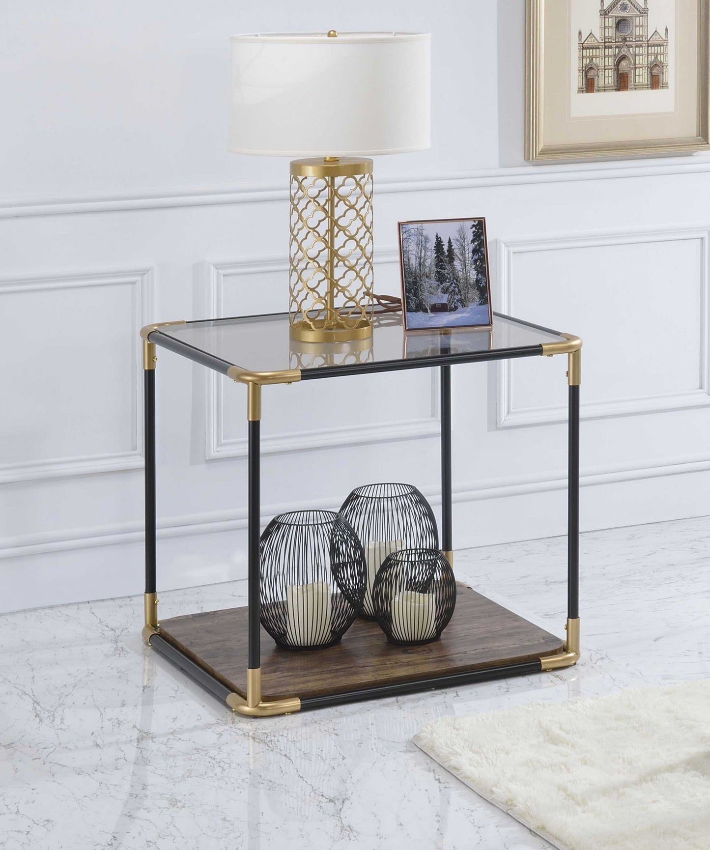 HomeRoots 24"x 24" x 24" Smoky Glass And Metal Wood Veneer (Paper) End Table in Black and Gold Finish