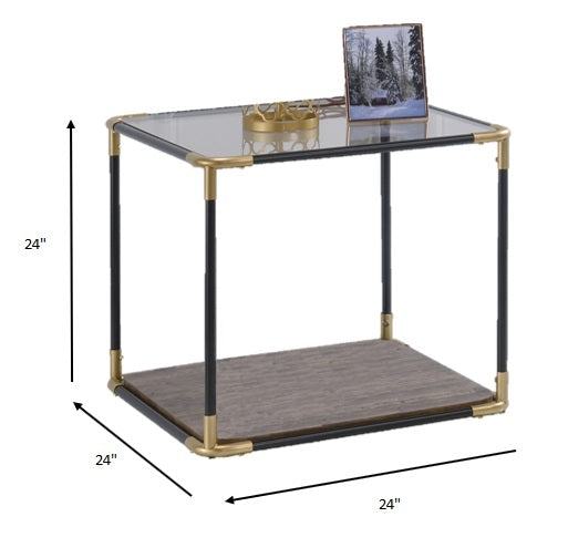 HomeRoots 24"x 24" x 24" Smoky Glass And Metal Wood Veneer (Paper) End Table in Black and Gold Finish