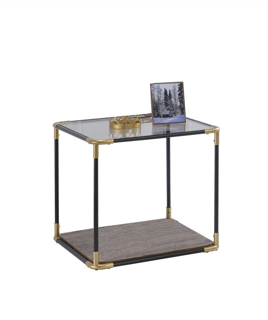 HomeRoots 24"x 24" x 24" Smoky Glass And Metal Wood Veneer (Paper) End Table in Black and Gold Finish