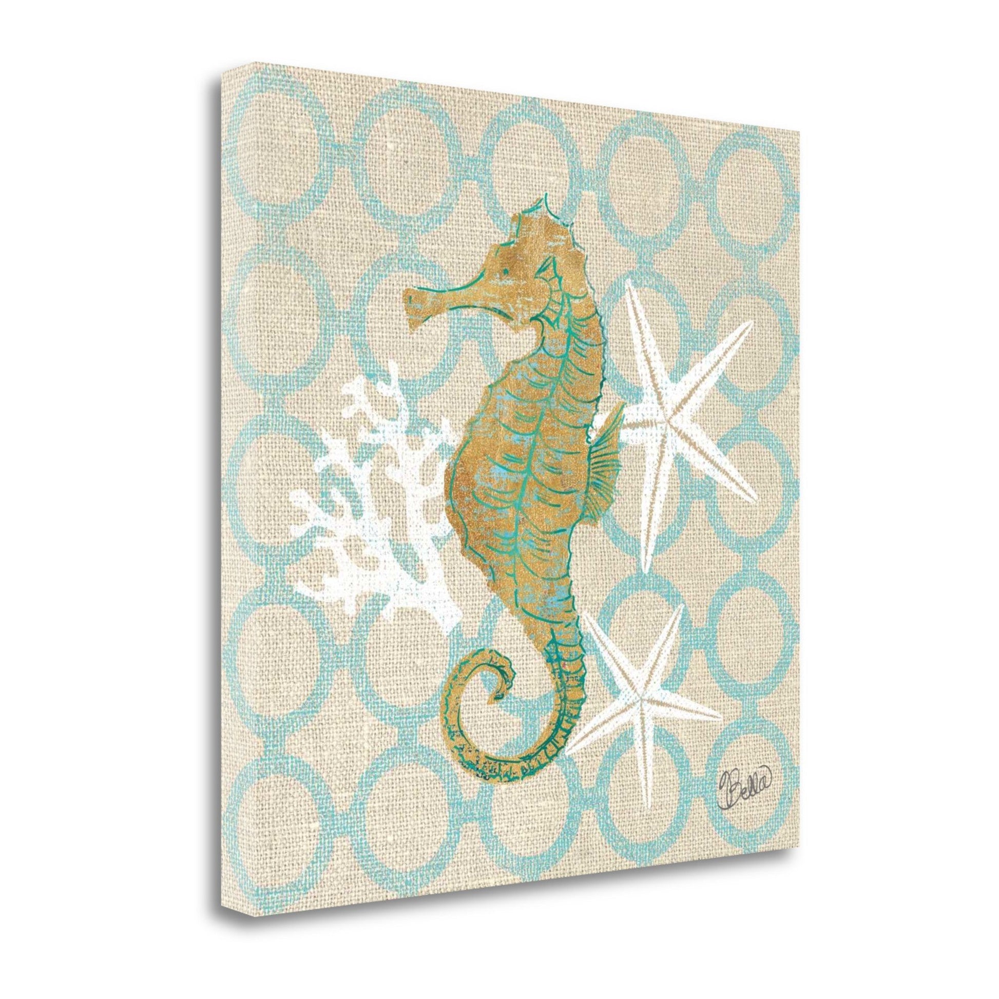 HomeRoots 25" Beach Seahorse on Linen Giclee Print on Gallery Wrap Canvas Wall Art