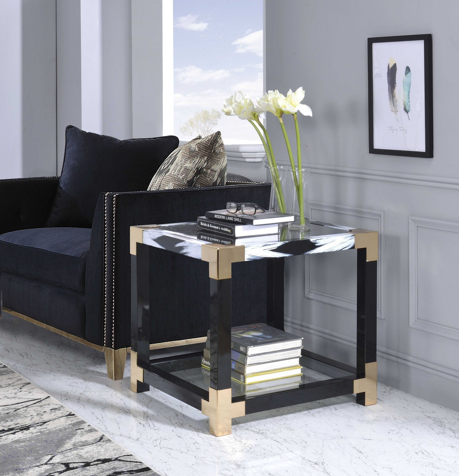 HomeRoots 25" Black And Gold And Clear Glass Mirrored End Table With Shelf