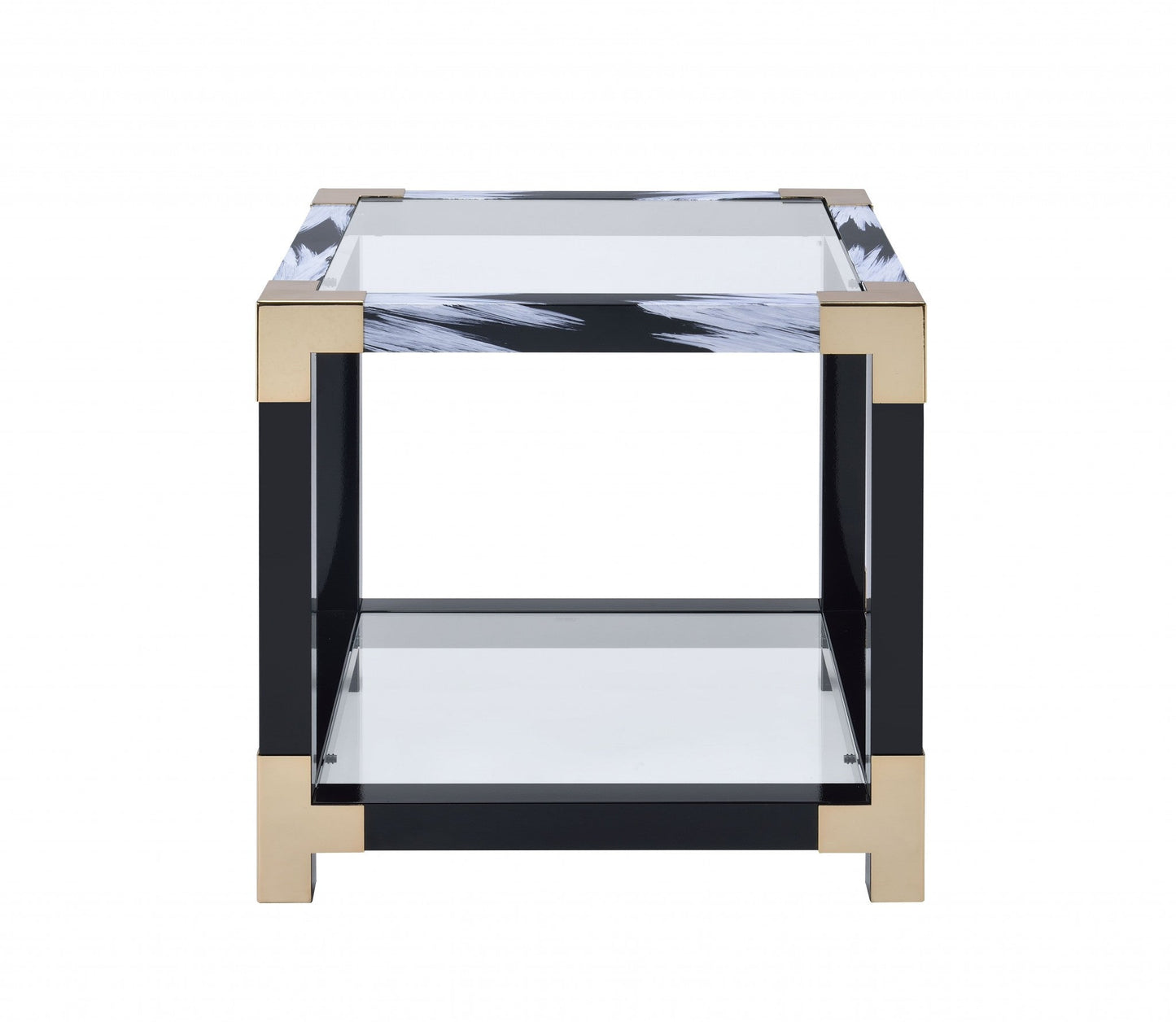 HomeRoots 25" Black And Gold And Clear Glass Mirrored End Table With Shelf
