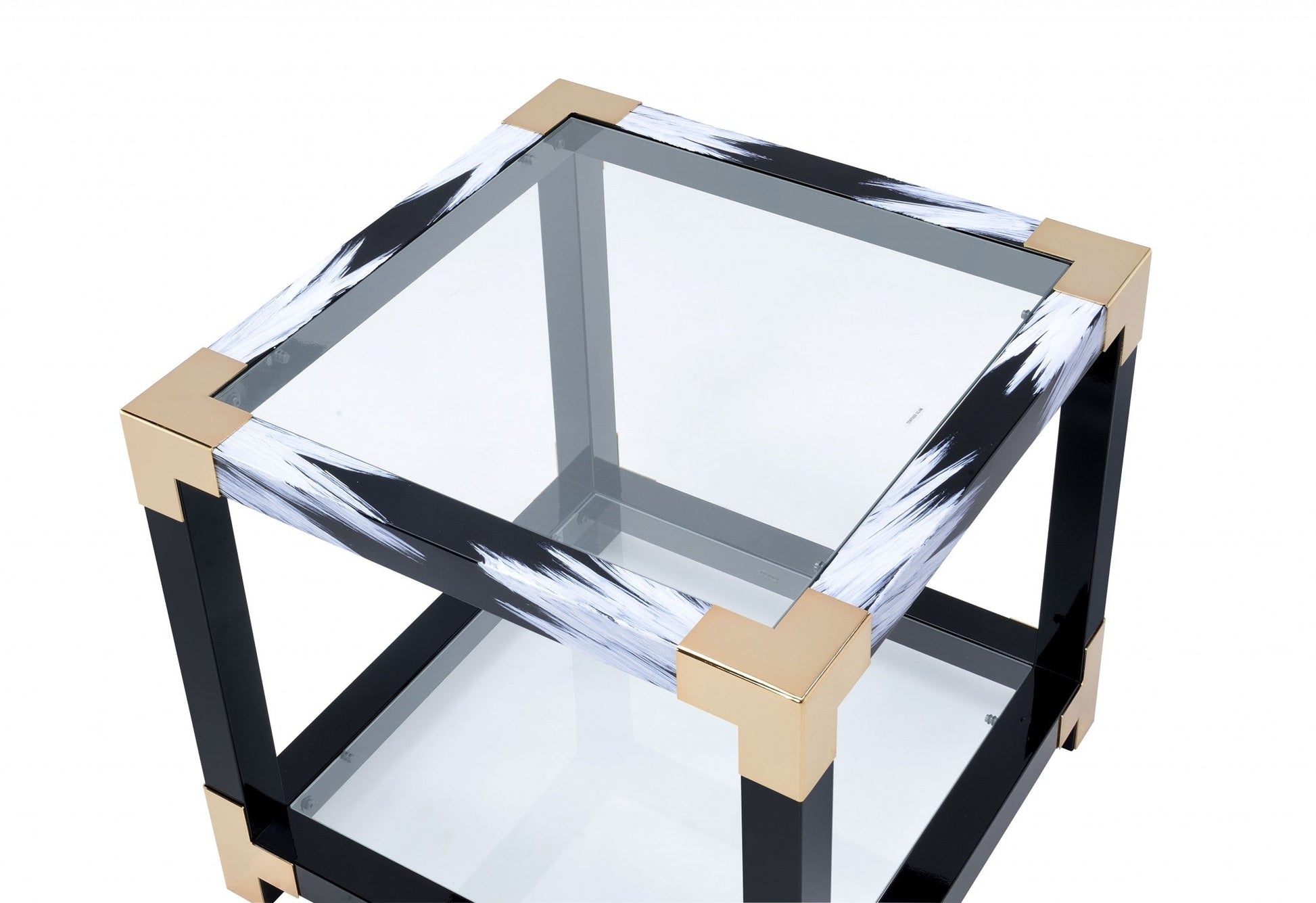 HomeRoots 25" Black And Gold And Clear Glass Mirrored End Table With Shelf