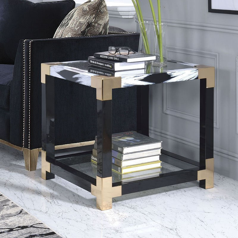 HomeRoots 25" Black And Gold And Clear Glass Mirrored End Table With Shelf