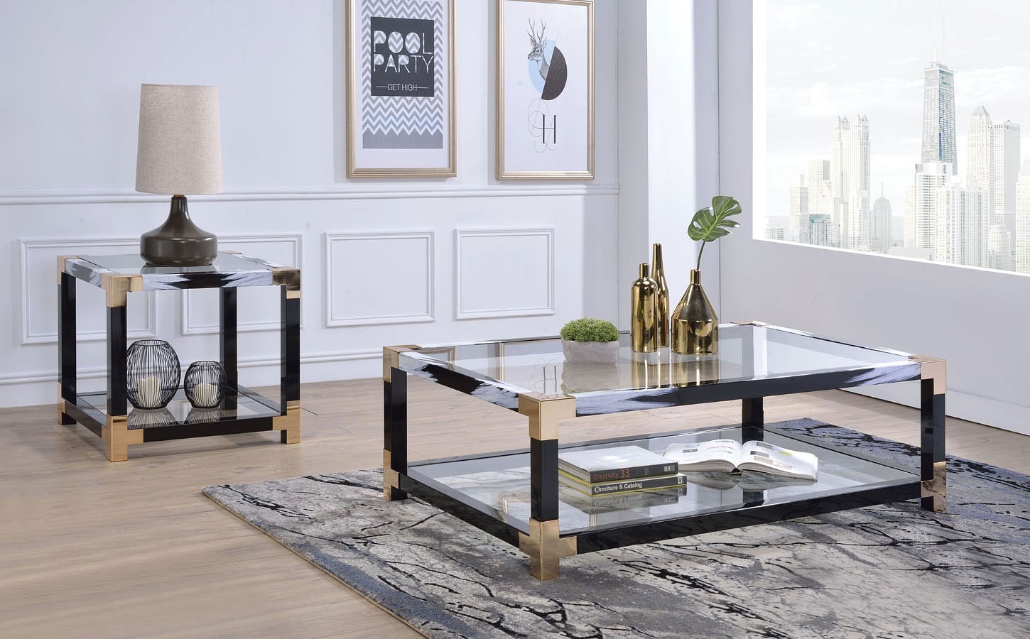 HomeRoots 25" Black And Gold And Clear Glass Mirrored End Table With Shelf