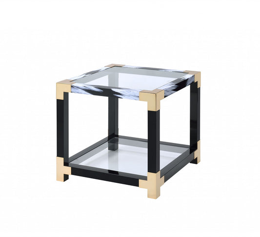HomeRoots 25" Black And Gold And Clear Glass Mirrored End Table With Shelf