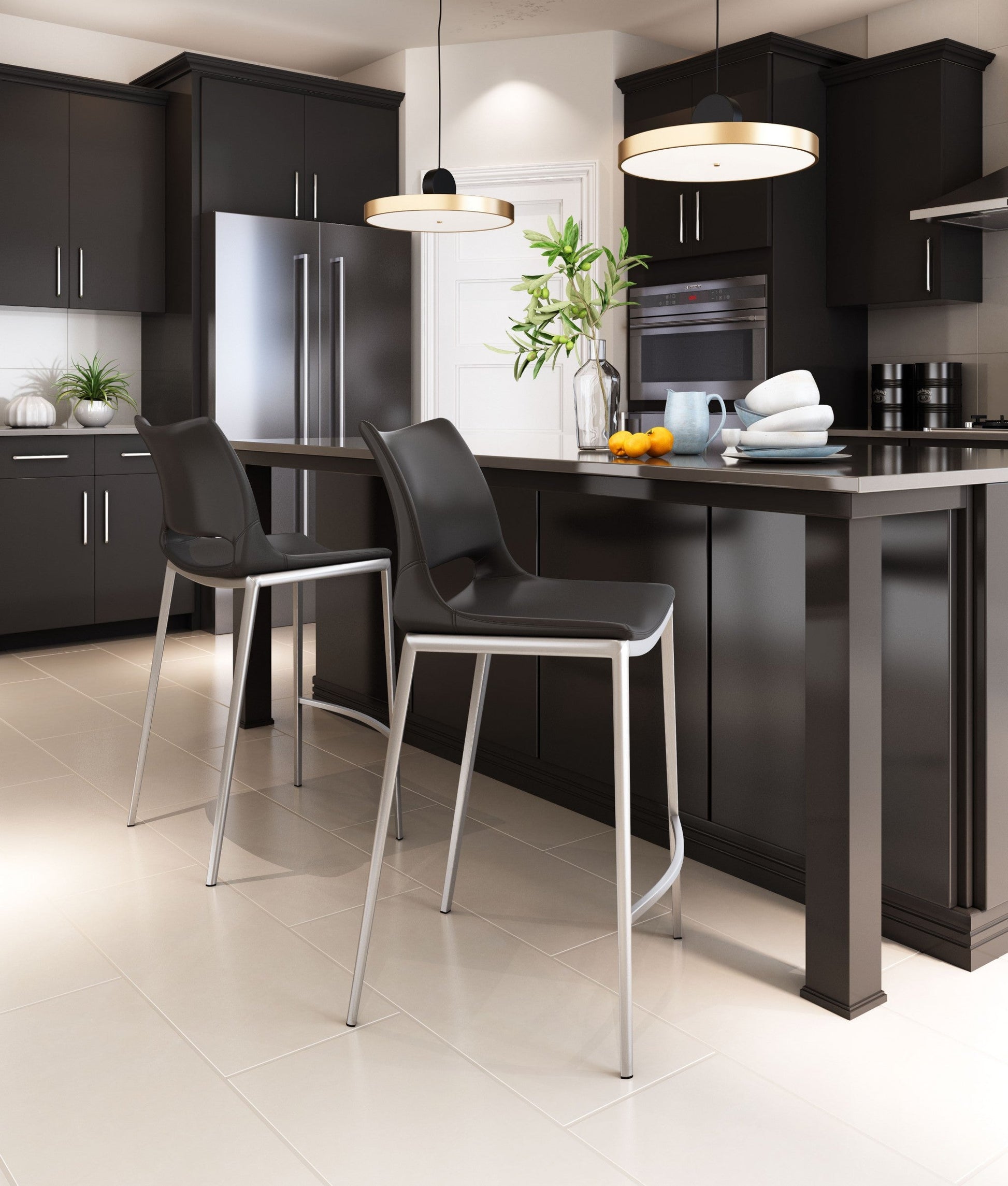 HomeRoots 25" Black And Silver Steel Low Back Counter Height Bar Chairs in Set of Two