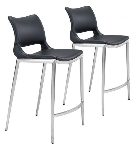 HomeRoots 25" Black And Silver Steel Low Back Counter Height Bar Chairs in Set of Two