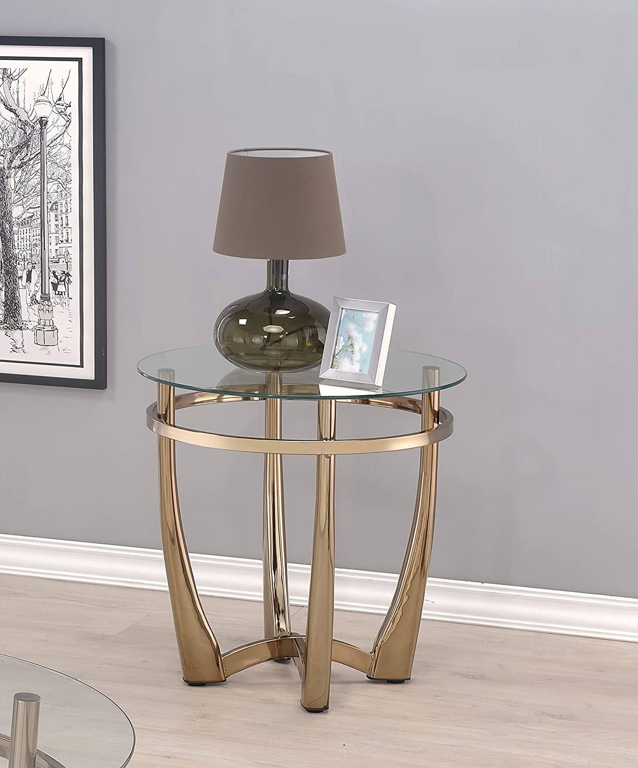 HomeRoots 25" Champagne Gold And Clear Glass Round Mirrored End Table