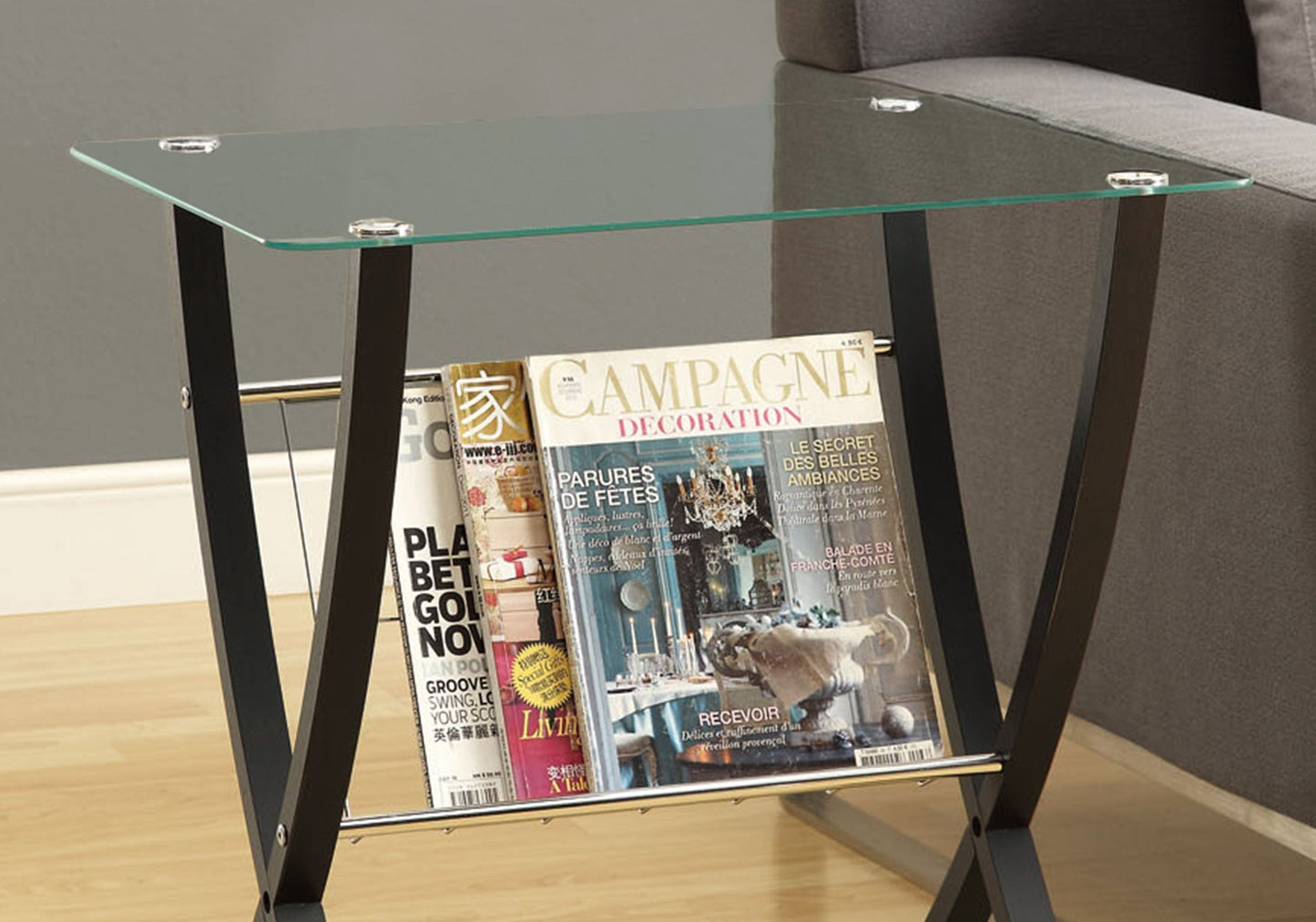 HomeRoots 25" Clear Glass End Table With Brown Finish